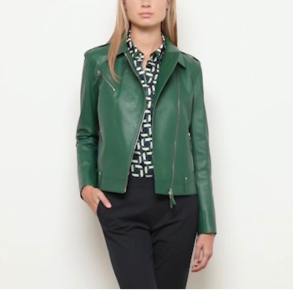$1795 Lafayette 148 Elm Green Leather Moto Bernice Jacket Size Medium NWT